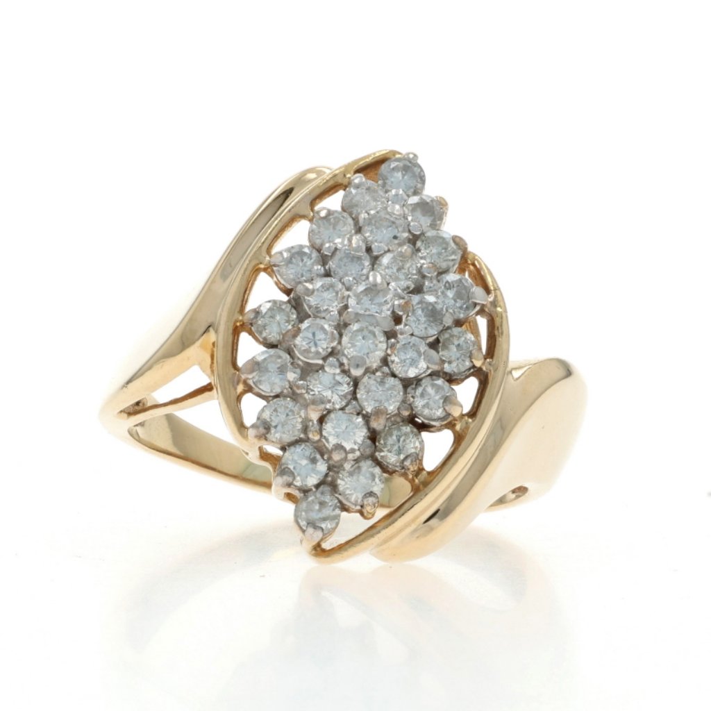 Yellow Gold Diamond Cluster Cocktail Bypass Ring  10k Round Brilliant 100ctw
